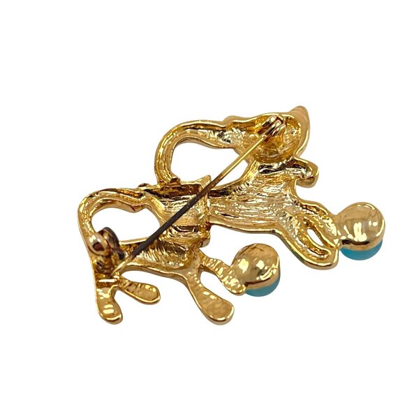Vintage Gold Tone Cat Brooch With Turquoise Ball Two Cats Design - Picture 7 of 8